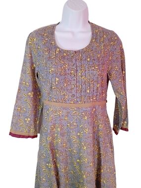 April Cornell Bohemian Maxi Dress with Gold Floral Print and Maroon Trim